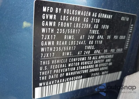 2018 Volkswagen Tiguan Limited 2.0T z USA, uszkodzony, nr VIN WVGAV7AX8JK003868